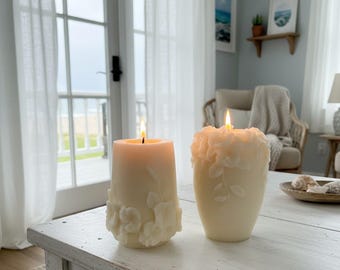 Aesthetic Pillar Candle, Undyed Decorative Candle, Floral Embossed Design, Minimalist Rattan Home Decor, Gift Wrapped Candles, Hostess Gifts