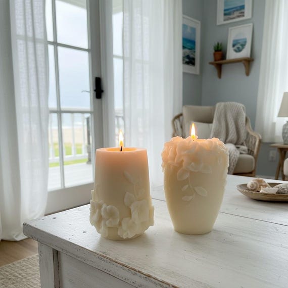 Aesthetic Pillar Candle, Undyed Decorative Candle, Floral Embossed Design, Minimalist Rattan Home Decor, Gift Wrapped Candles, Hostess Gifts