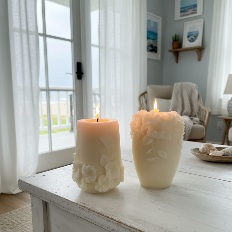 Aesthetic Pillar Candle, Undyed Decorative Candle, Floral Embossed Design, Minimalist Rattan Home Decor, Gift Wrapped Candles, Hostess Gifts