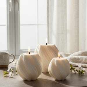 Handmade Decorative Pillar Candle, Creamy White Hand Poured Swirl Pillar Candle, Ribbed Candles, Gift Boxed with Ribbon, Best Gifts for Moms