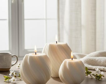 Handmade Decorative Pillar Candle, Creamy White Hand Poured Swirl Pillar Candle, Ribbed Candles, Gift Boxed with Ribbon, Best Gifts for Moms