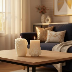 Aesthetic Pillar Candle, Undyed Decorative Candle, Floral Embossed Design, Minimalist Rattan Home Decor, Gift Wrapped Candles, Hostess Gifts