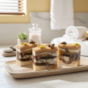 May include: Three rectangular bars of handmade soap arranged on a wooden tray. Each bar features a marbled swirl of cream, tan, and dark brown colors, topped with a textured honeycomb pattern and small, molded bee-shaped decorations.