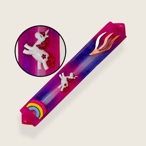 Unicorn Rainbow Modern Mezuzah - Epoxy Mezuzah - Gift for Baby Girl - Handmade Mezuza Case - Kids Mezuzah for Girl