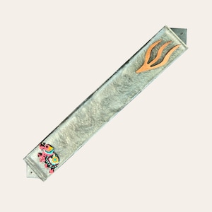 Textured Silver Epoxy Resin Mezuzah Case with a Lucky Elephant  & Curved Copper Shin. Mezuzah - Judaica Jewish Gift- Optional Kosher Scroll