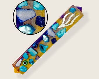 Mezuzah - Teal, Gold and Purple Shell Bits Modern Mezuzah - Jewish Housewarming Gift - Handmade Epoxy Mezuza Case - Jewish Epoxy Art