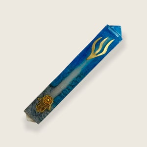 Blue and Gold Modern Mezuzah - Judaica Handmade Hamsa Mezuza Case - Epoxy Mezuzah Case - Jewish Housewarming Gift - Jewish Epoxy Art
