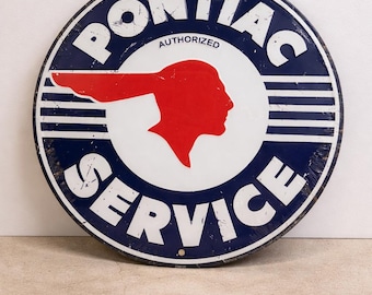 Vintage Pontiac Service Embossed Metal Sign 12” Round Gas Oil Garage Décor