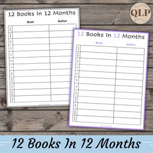 12 Books in 12 Months Reading Challenge Printable, Book Challenge, Reading Printable