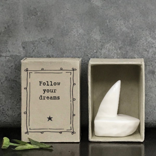 East Of India Matchbox Porcelain Boat Ornament '...Follow your dreams...', Birthday Gift, Porcelain Gift, Home Gift, Friendship