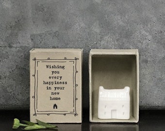 East of India Matchbox 'Wishing you every happiness in your new home' Porcelain House Ornament, Friendship Gift, Porcelain Keepsake Gift