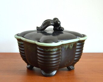 Art Deco ceramic jar, black and turquoise, square, with lid, cookie jar, candy jar, Steuler?