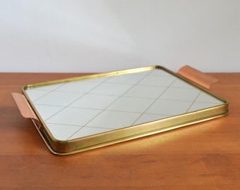 Vintage glass and mirrored serving tray from the 1950s and 60s, with brass frame and copper handles, mid-century glass tray