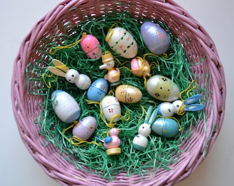 16 Osterfiguren aus Holz (ohne Korb) pastellfarben vintage Osterhase Osterstrauch Osterdeko Ostern