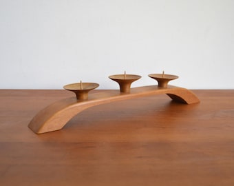 Three-flame wooden candlestick, mid-century style, 1950s/60s candlestick