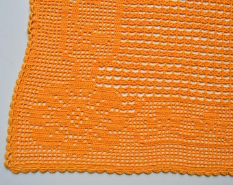 Crochet doily, handmade lace doily, orange yellow vintage crochet doily, centerpiece lace doily