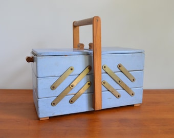 Larger sewing box, genuine shabby chic, light blue vintage wood sewing box with gray-blue metal fittings