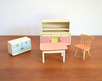 Dollhouse kitchen Lundby 50s 60s chair wood dolls dollhouse kitchen table chest of drawers kitchen cabinet dollhouse furniture