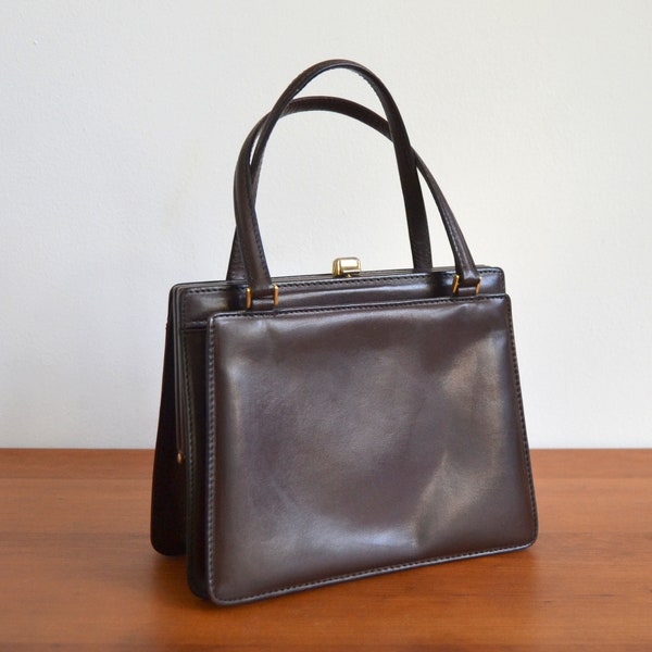 Edle kleine Handtasche Leder dunkelbraun elegant vintage Omatasche Ledertasche 60er Henkeltasche