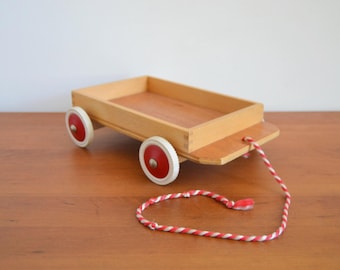 Small wooden wagon, 1960s children's wooden toy, pull wagon, vintage wooden toy