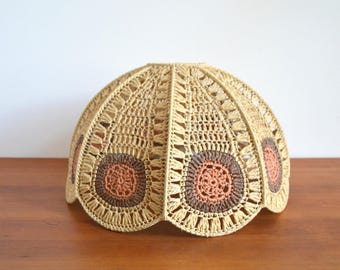 70s crocheted lampshade made of raffia, boho hippie lamp, pendant lamp, brown beige
