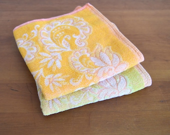 2 terry towels, 60s/70s, orange, green, pink, floral terry cloth, vintage fabric, terry towel, paisley