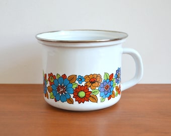 Größerer Emailletopf Kochtopf 1500ml Henkeltopf Milchtopf vintage Emaille aus den 60er 70er Mid Century Flower Power
