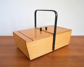 Small, single-tier wooden sewing box with insert, vintage light brown and black, 1960s style, sewing storage, sewing box, 1950s style