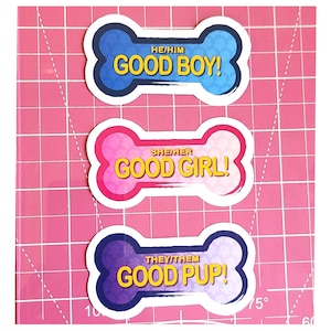 May include: Three bone-shaped stickers with the phrases "GOOD BOY!", "GOOD GIRL!", and "GOOD PUP!" in yellow text. The stickers have blue, pink, and purple borders, respectively, and are on a pink grid background.