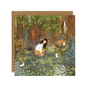 Cartolina di raccolta di bacche, cartolina di foresta incantevole, arte dei boschi