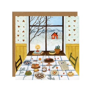 Postal de té de arándanos, acogedora tarjeta de invierno, arte para un día nevado