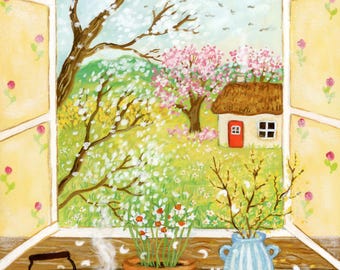Red Kettle Illustration, Cozy Cottage Art, Spring Window View