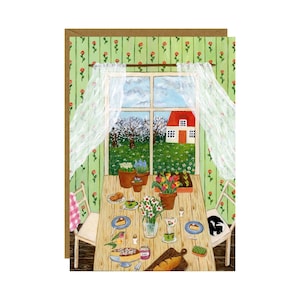 Warten auf den Frühling Postkarte, Slow Living Karte, Gemütliche Fensteransicht Kunst