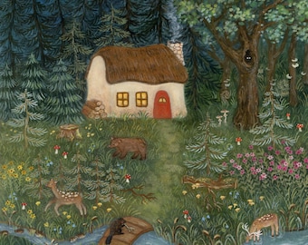 Midnight Walks Illustration, Forest Stream Art, Wild Animals Drawing