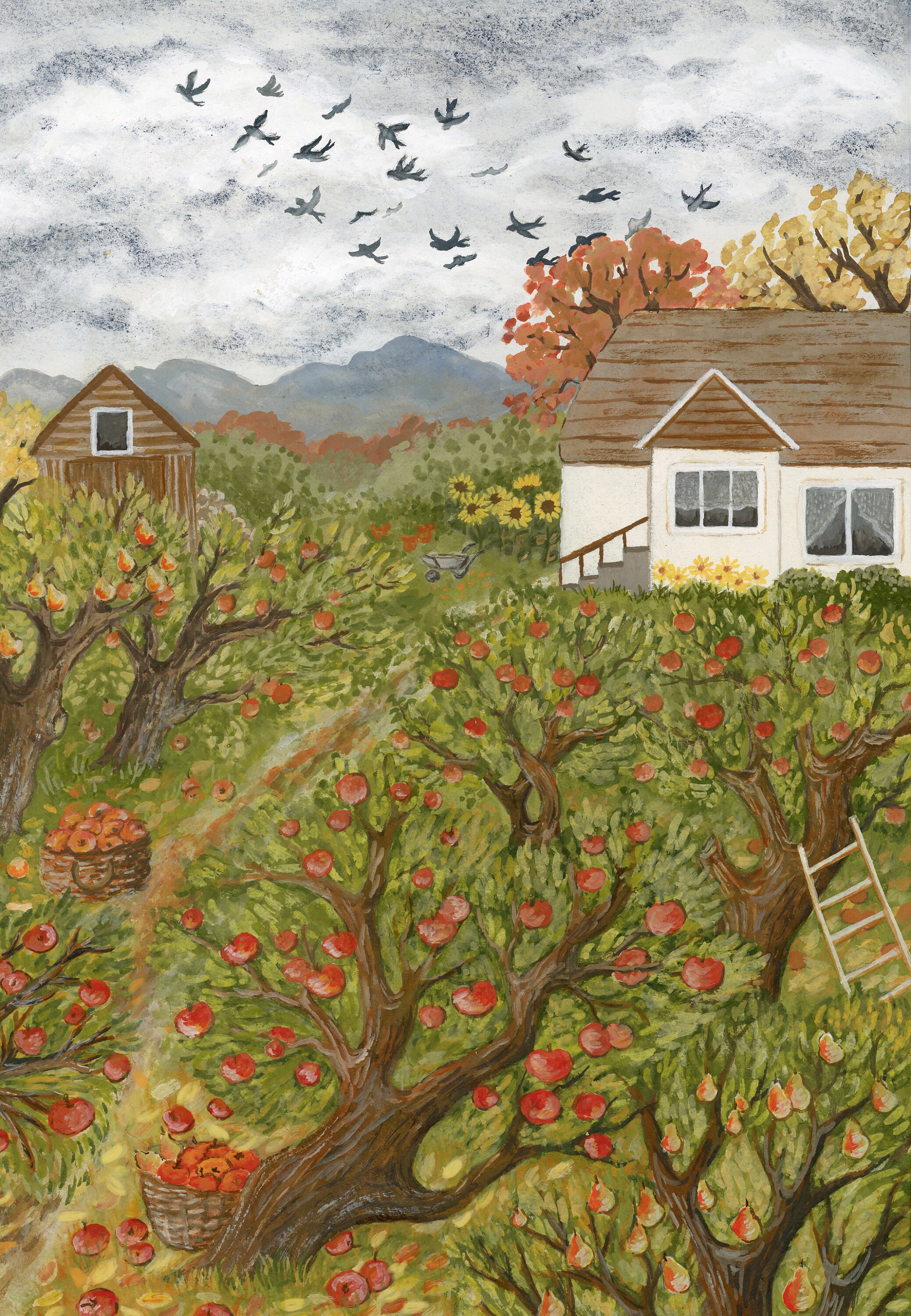 Fall Orchard Illustration, Autumn Season Wall Art, Harvest Time in