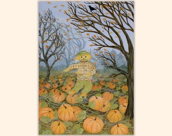 Scarecrow Postcard, Spooky Halloween Card, Pumpkin Patch Mini Print