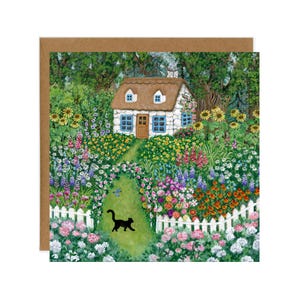 Ansichtkaart Enchanted Summer Garden, Tiny Cottage Card, Black Cat In The Garden