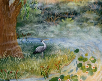 Pink Sky Illustration, Forest Lake Art, Wild Animals Drawing