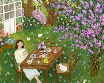 Under The Lilac Illustration, Cottagecore Art, Spring Painting