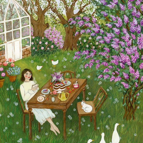 Under The Lilac Illustration, Cottagecore Art, Spring Painting