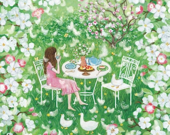 Apple Blossoms Illustration, Tea Time Artprint, Slow Afternoon In The Orchard