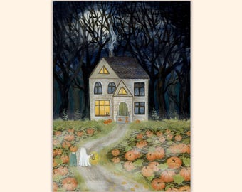 Spooky House Postcard, Halloween Night Mini Print