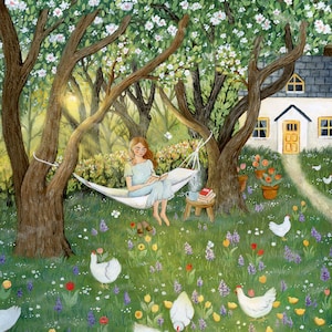 Frühlingsmorgen Illustration, Obstgarten Kunstdruck, Cottagecore Illustration
