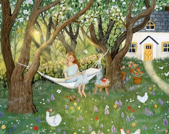 Spring Mornings Illustration, Orchard Artprint, Cottagecore Illustration