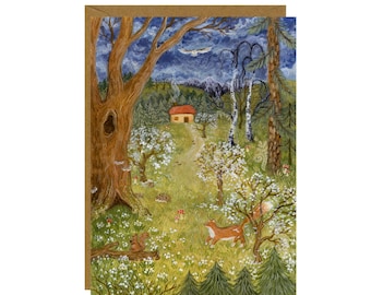 Storm On The Horizon Postcard / Greeting Card, Spring Forest Card, Woodland Animals Art