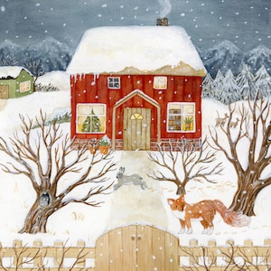 Winter Cottage Illustration, Cozy Winter Scene, Woodland Animals Artwork