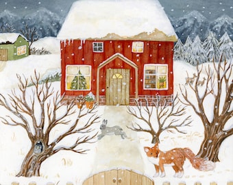 May include: A winter scene illustration of a red house with snow-covered roof and a wooden door. A fox and a rabbit are in front of the house. Bare trees, a wooden fence, and falling snow complete the winter landscape.