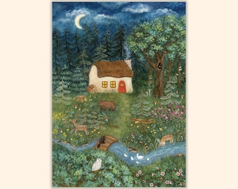 Midnight Walks Postcard, Night Forest Mini Print