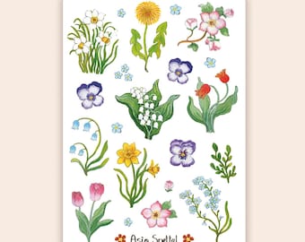 Spring Flowers Sticker Sheet, Planner stickers, Reading Journal Stickers, Scrapbook Stickers