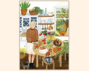 Homemade Preserves Postcard, Autumnal Card, Cottage Kitchen Art